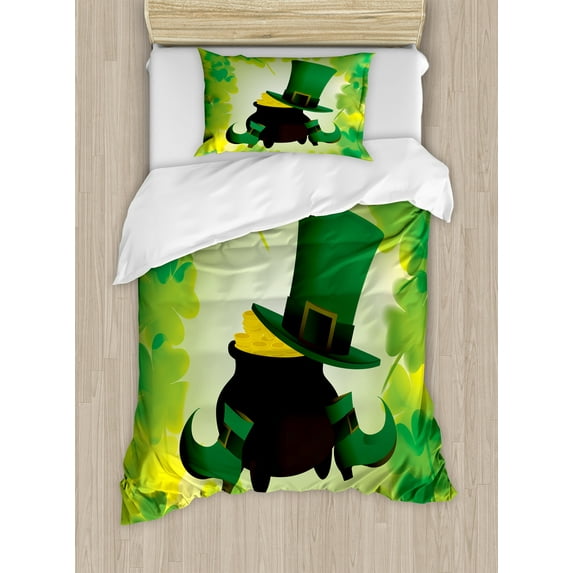 St. Patrick's Day Duvet Cover Set, Leprechaun Hat Shoes Costume with Pot of Gold with Shamrock Leaves, Decorative 2 Piece Bedding Set with 1 Pillow Shams, Twin Size, Forest Green, by Ambesonne