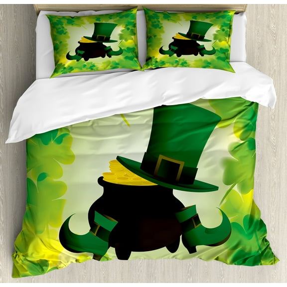 St. Patrick's Day Duvet Cover Set, Leprechaun Hat Shoes Costume with Pot of Gold with Shamrock Leaves, Decorative 3 Piece Bedding Set with 2 Pillow Shams, King Size, Forest Green, by Ambesonne
