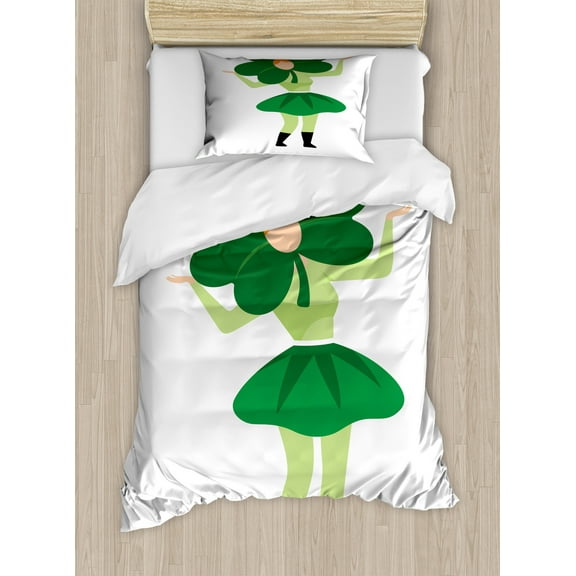 St. Patrick's Day Duvet Cover Set, Lucky Lady with Clover Hat Costume Pattern, Decorative 2 Piece Bedding Set with 1 Pillow Shams, Twin Size, Green Green, by Ambesonne