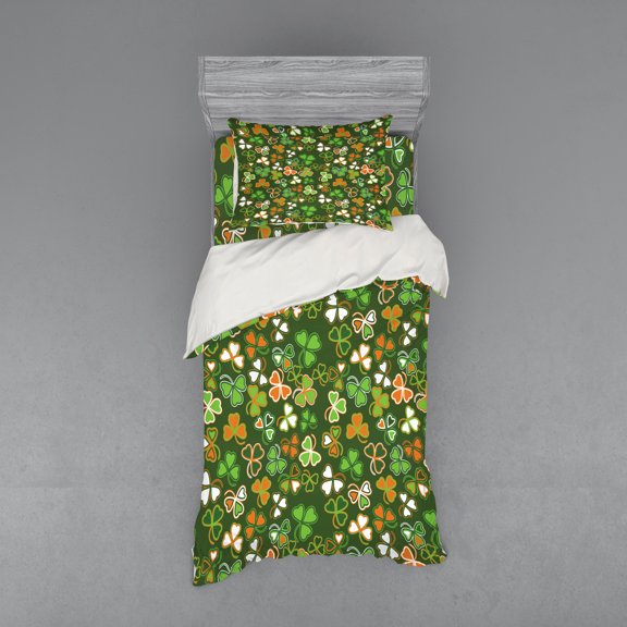 St. Patrick's Day Duvet Cover Set, Lucky Shamrocks Pattern Irish Clover Celebration Day Party Prints, Bedding Set with Shams and Fitted Sheet, 3 Sizes, by Ambesonne