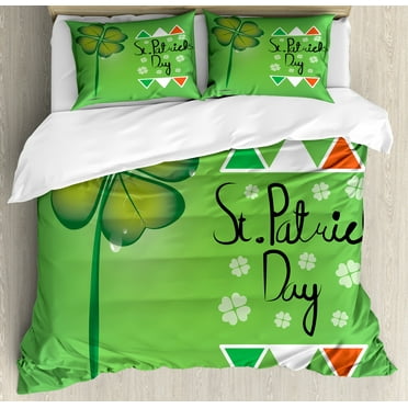 St. Patrick's Day Duvet Cover Set, March 17th Celebration Large Shamrock Clover Leaf Flags Art, Decorative 3 Piece Bedding Set with 2 Pillow Shams, Calking Size, Olive and Fern Green, by Ambesonne