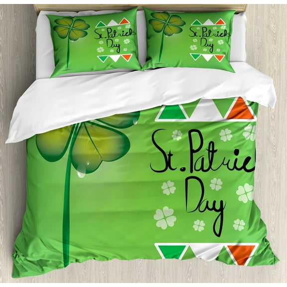 St. Patrick's Day Duvet Cover Set, March 17th Celebration Large Shamrock Clover Leaf Flags Art, Decorative 3 Piece Bedding Set with 2 Pillow Shams, Queen Size, Olive and Fern Green, by Ambesonne