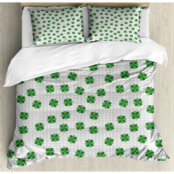 St. Patrick's Day Duvet Cover Set, Traditional Irish Clover Leaves Pattern on Polka Dots Backdrop, Decorative 3 Piece Bedding Set with 2 Pillow Shams, Calking Size, Pale Grey Fern Green, by Ambesonne