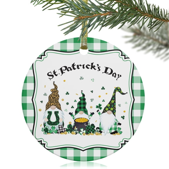 St. Patrick's Day Dwarf with Shamrock Leaf Christmas Ceramic Ornament 2025,3" Round Xmas Tree Hanging Accessories with Gold Ribbon