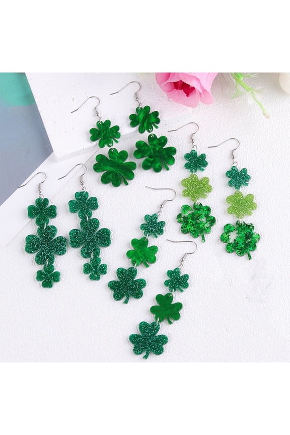 St. Patrick's Day Earrings Set for Women, 4 Pairs of Green Acrylic Dangle Earrings with Heart, Teddy Bear, Envelope & Romantic Motifs, Holiday Party Jewelry Gift