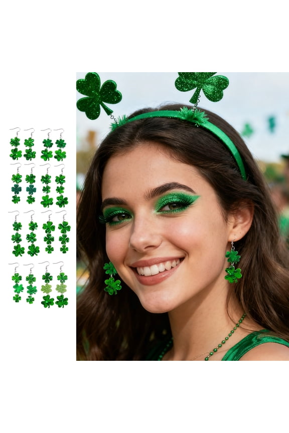 St. Patrick's Day Earrings for Women, 8 Pairs Green Acrylic Drop Earrings Set with Hearts, Teddy Bears, and Envelopes, Holiday Party Jewelry
