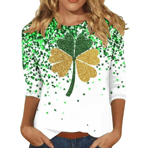 St. Patrick's Day Elegant Digital Print Crew Neck Short Sleeve Top Soft T-Shirt with Delicate Leaf Pattern E,Green,S