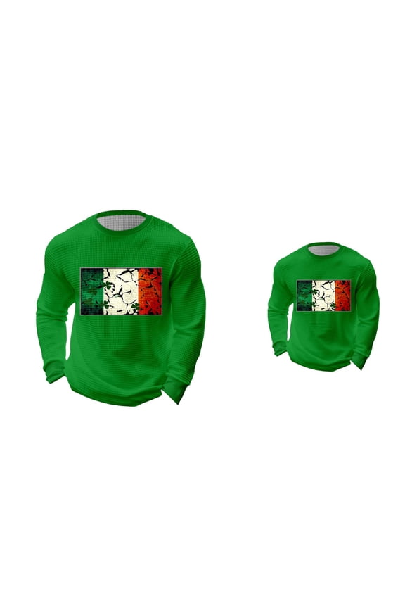 St. Patrick's Day Embroidered Irish Plaid Long Sleeve Tee, Men's Shamrock Graphic Crewneck Tops