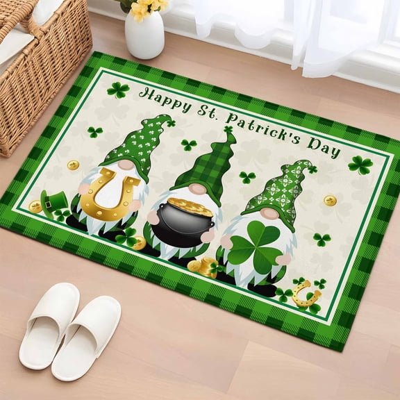 St. Patrick's Day Entryway Rug 2'x3'&nbsp; Non Slip Front Door Mats, Gnomes Shamrock Gold Coin Green Plaid Entrance Rugs Indoor Outdoor Carpet, Washable Floor Mats Small Area Rug for Bedroom Kitchen