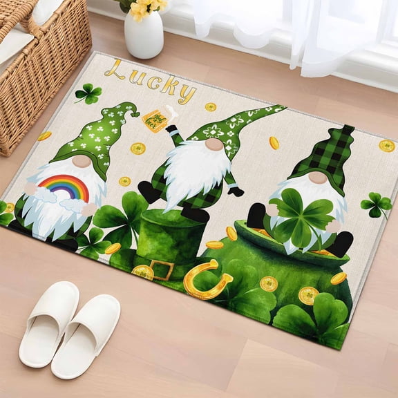 St. Patrick's Day Entryway Rug 2'x3' Non Slip Front Door Mats, Green Gnomes Gold Coin Shamrock Beige Entrance Rugs Indoor Outdoor Carpet, Washable Floor Mats Small Area Rug for Bedroom Kitchen