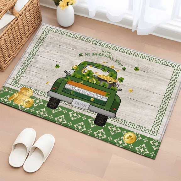 St. Patrick's Day Entryway Rug 2'x3'&nbsp; Non Slip Front Door Mats, Green Shamrock Truck Gold Coin Wood Entrance Rugs Indoor Outdoor Carpet, Washable Floor Mats Small Area Rug for Bedroom Kitchen