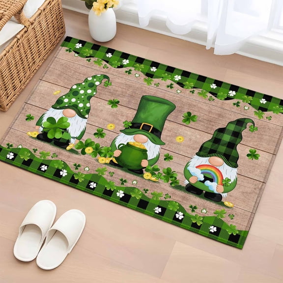 St. Patrick's Day Entryway Rug 2'x3'&nbsp; Non Slip Front Door Mats, Green Shamrocks Gnomes Gold Coin Wood Entrance Rugs Indoor Outdoor Carpet, Washable Floor Mats Small Area Rug for Bedroom Kitchen