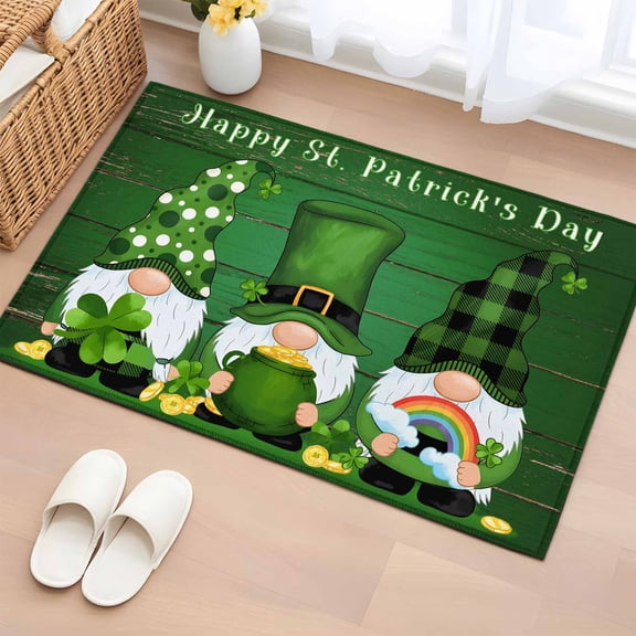 St. Patrick's Day Entryway Rug 2'x3'&nbsp; Non Slip Front Door Mats, Shamrock Gnomes Gold Coin Green Wood Entrance Rugs Indoor Outdoor Carpet, Washable Floor Mats Small Area Rug for Bedroom Kitchen