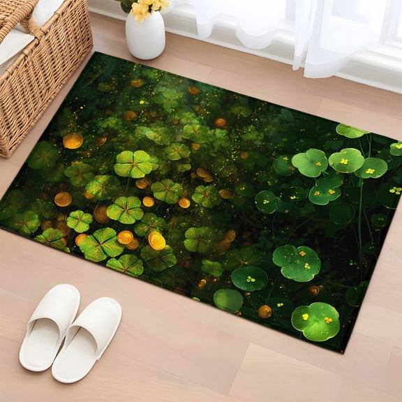 St. Patrick's Day Entryway Rug 2'x3'&nbsp; Non Slip Front Door Mats, Spring Green Lucky Clovers Gold Coin Entrance Rugs Indoor Outdoor Carpet, Washable Floor Mats Small Area Rug for Bedroom Kitchen