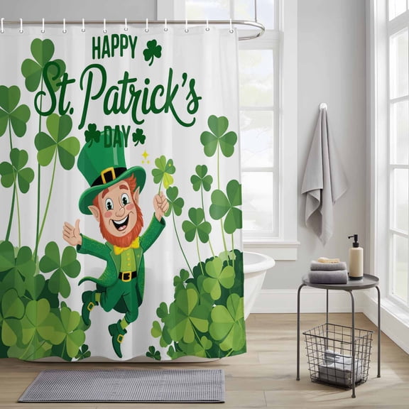 St. Patrick's Day Fabric Shower Curtain for Bathroom Cute Funny Cartoon Green Elf Lucky Shamrock Waterproof Polyester Bath Curtain with 12 Hooks Washable Shower Curtain with Grommets 54"x78"
