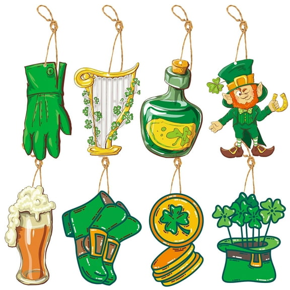 St. Patrick's Day Felt Gnome Ornaments, Irish Green Shamrock Gnome Hanging Signs Pendant with Rope for Small Tree Home Saint Patty's Day, 8pcs