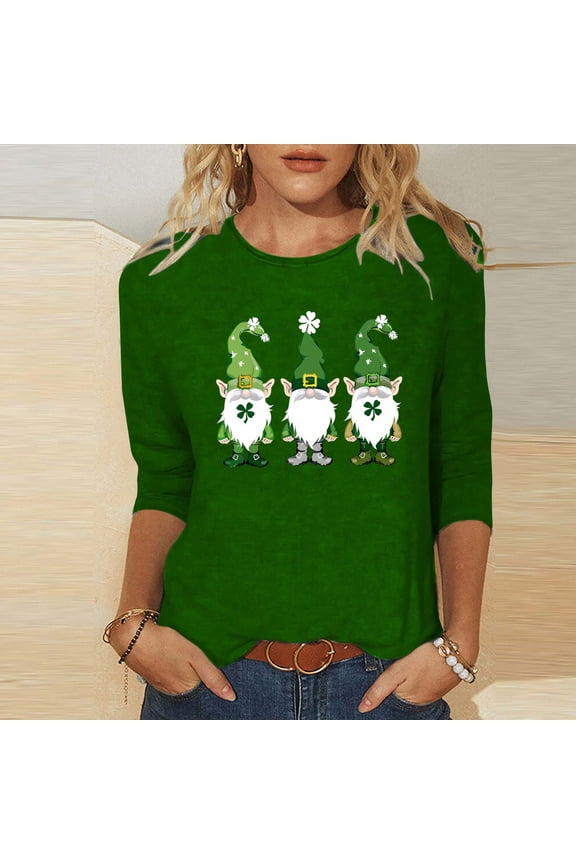 St. Patrick's Day Festive T-Shirt for Women Gnomes Shamrock Graphic Crewneck Long Sleeve Relaxed Fit Soft Breathable Holiday Tee Top