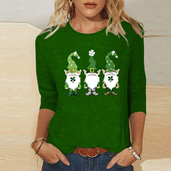 St. Patrick's Day Festive T-Shirt for Women Gnomes Shamrock Graphic Crewneck Long Sleeve Relaxed Fit Soft Breathable Holiday Tee Top