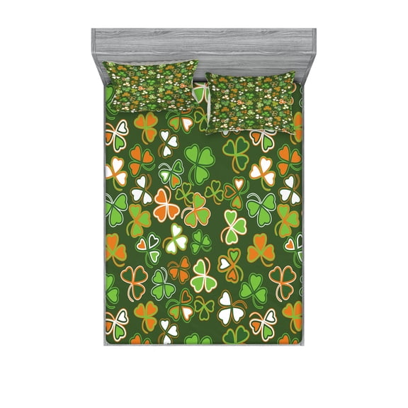 St. Patrick's Day Fitted Sheet & Pillow Sham Set, Lucky Shamrocks Pattern Irish Clover Celebration Day Party Prints, Decorative Printed 6 Piece Bedding Decor Set, King, Green and Orange, by Ambesonne