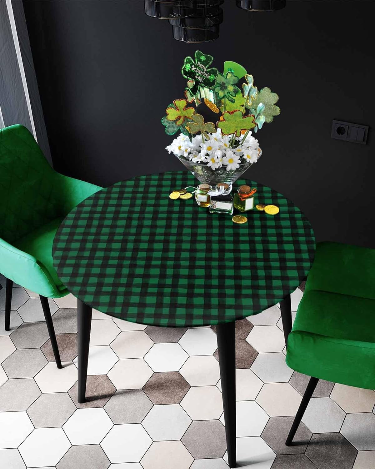 St Patrick''s Day Fitted Table Round Cover,Dark Hunter Green and Black Plaid Waterproof Elastic Edged Tablecloth,Buffalo Checker Table Covers Tabletop Protector for Indoor Outdoor Dinner Party Decor