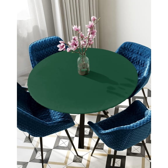 St. Patrick''s Day Fitted Table Round Cover Elastic Edged Tablecloth,Dark Hunter Green Simplistic Circle Tables Cover Waterproof Tabletop Protector Cloth for Indoor Outdoor Dinner Party Decor
