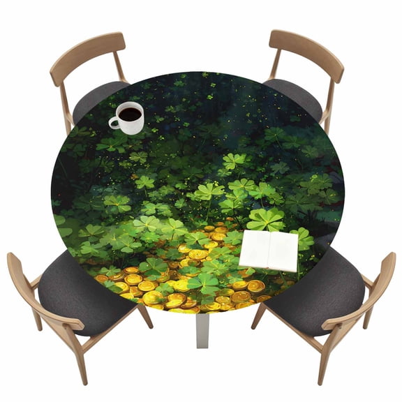 St. Patrick's Day Fitted Tablecloth with Elastic Edged, Round Table Cloth for Dining Table, Country Spring Green Lucky Irish Leaves Waterproof Oil Proof Table Cover for Indoor Outdoor 36"-44"