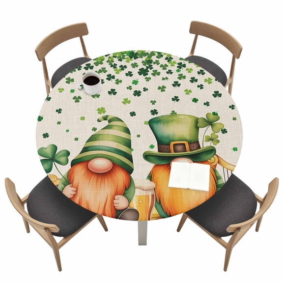 St. Patrick's Day Fitted Tablecloth with Elastic Edged, Round Table Cloth for Dining Table, Green Lucky Shamrocks Harp Beer Retro Rustic Waterproof Oil Proof Table Cover for Indoor Outdoor 36"-44"