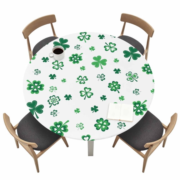 St. Patrick's Day Fitted Tablecloth with Elastic Edged, Round Table Cloth for Dining Table, Green Shamrock Plants Spring Waterproof Oil Proof Table Cover for Indoor Outdoor 36"-44"