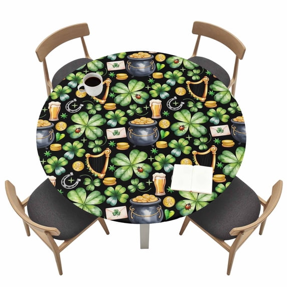 St. Patrick's Day Fitted Tablecloth with Elastic Edged, Round Table Cloth for Dining Table, Luck Shamrocks Beer Harp Horseshoes Envelope Waterproof Oil Proof Table Cover for Indoor Outdoor 45"-54"