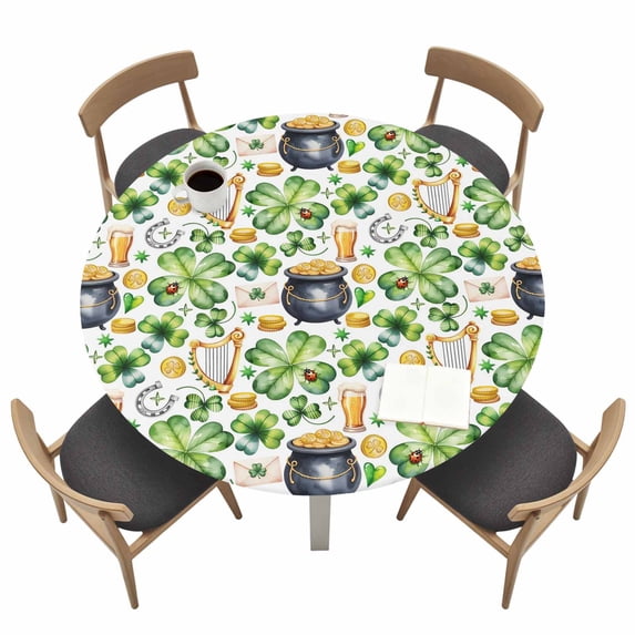 St. Patrick's Day Fitted Tablecloth with Elastic Edged, Round Table Cloth for Dining Table, Lucky Shamrocks Harp Beer Horseshoes Envelope Waterproof Oil Proof Table Cover for Indoor Outdoor 36"-44"