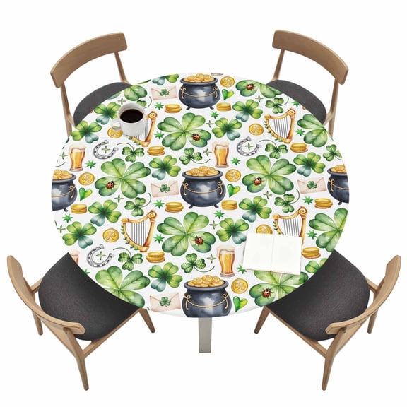 St. Patrick's Day Fitted Tablecloth with Elastic Edged, Round Table Cloth for Dining Table, Lucky Shamrocks Harp Beer Horseshoes Envelope Waterproof Oil Proof Table Cover for Indoor Outdoor 36"-44"