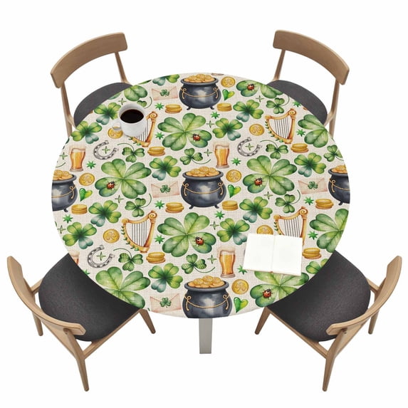 St. Patrick's Day Fitted Tablecloth with Elastic Edged, Round Table Cloth for Dining Table, Lucky Shamrocks Retro Harp Beer Horseshoes Waterproof Oil Proof Table Cover for Indoor Outdoor 36"-44"