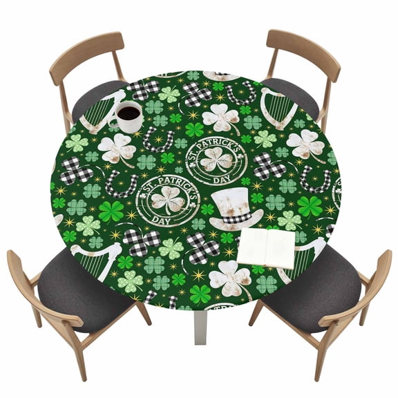 St. Patrick's Day Fitted Tablecloth with Elastic Edged, Round Table Cloth for Dining Table, Spring Green Lucky Leaf Harps Hats Waterproof Oil Proof Table Cover for Indoor Outdoor 36"-44"