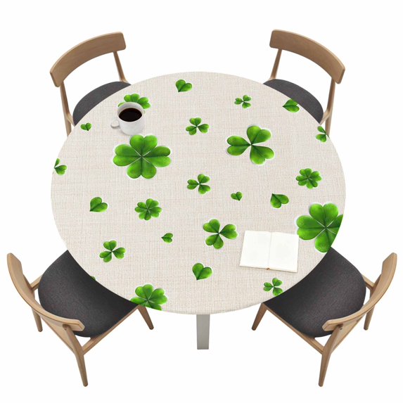 St. Patrick's Day Fitted Tablecloth with Elastic Edged, Round Table Cloth for Dining Table, Spring Green Lucky Shamrock Vintage Beige Waterproof Oil Proof Table Cover for Indoor Outdoor 36"-44"