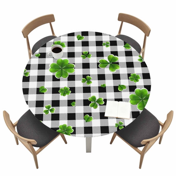 St. Patrick's Day Fitted Tablecloth with Elastic Edged, Round Table Cloth for Dining Table, Spring Lucky Shamrock Black White Plaid Waterproof Oil Proof Table Cover for Indoor Outdoor 36"-44"
