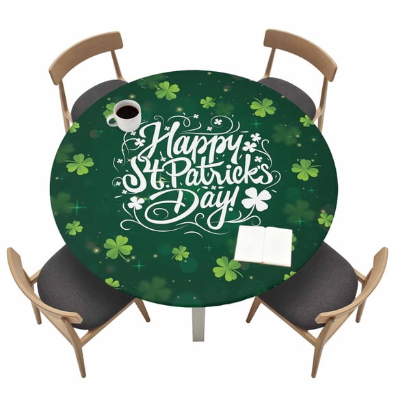 St. Patrick's Day Fitted Tablecloth with Elastic Edged, Round Table Cloth for Dining Table, Spring Shamrock Plant Green Waterproof Oil Proof Table Cover for Indoor Outdoor 36"-44"