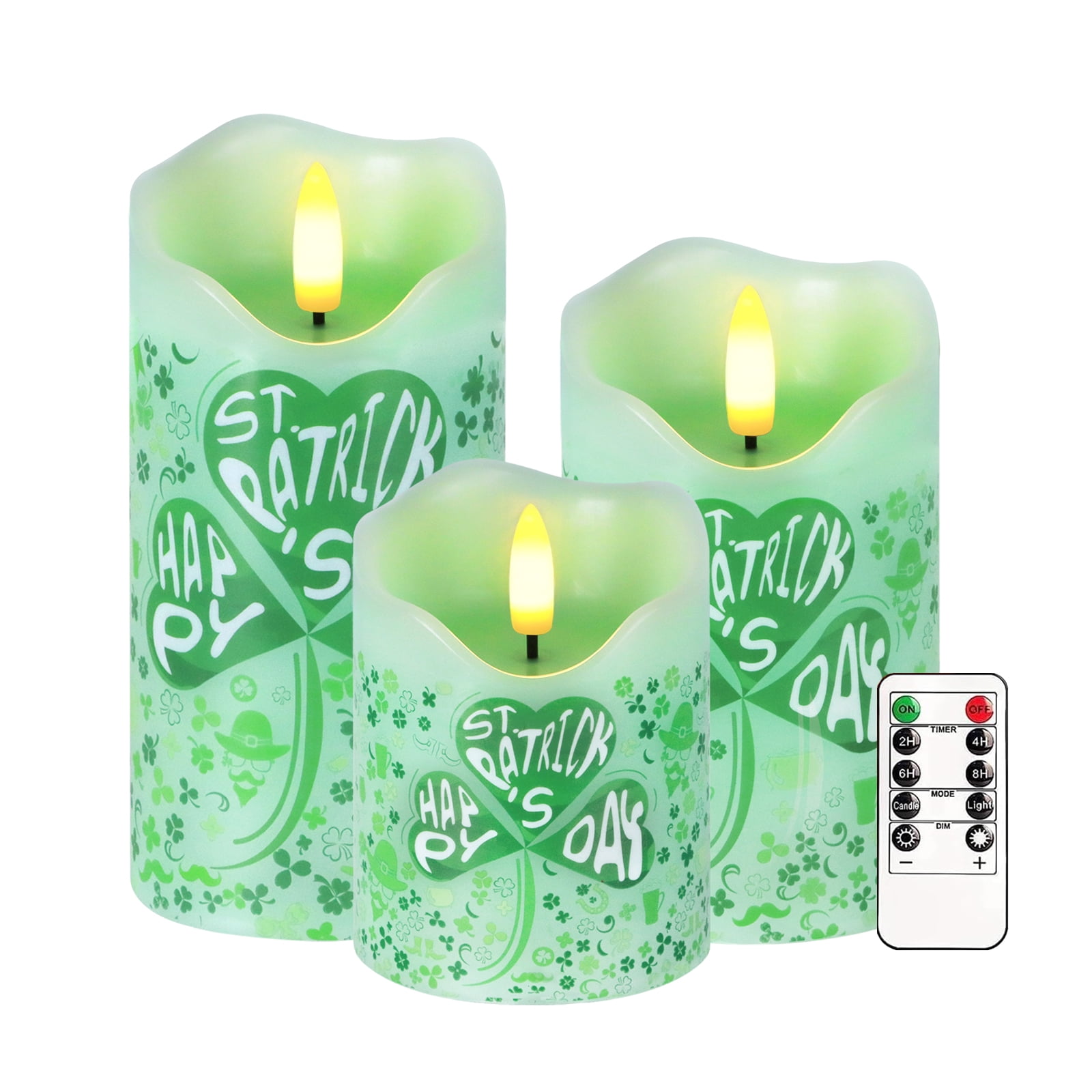 St. Patrick's Day Flameless Candles, Set of 3 Flickering Shamrock LED Candles with Remote & Timer, Dimmable Electric Pillar Candles Battery Operated, Green Candles for Home St. Patrick's Day Decor