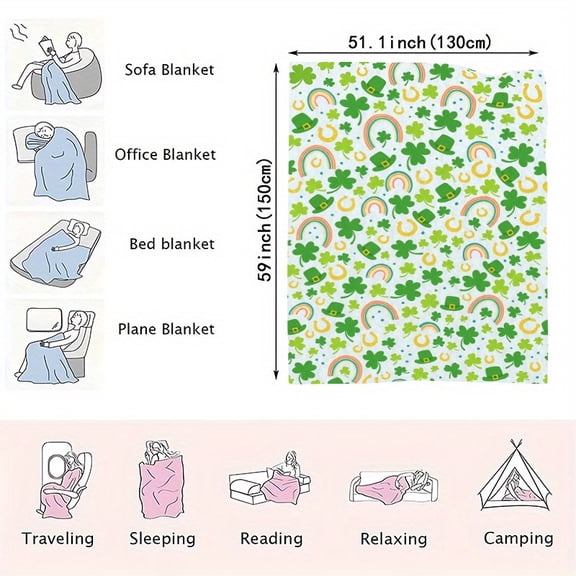 St. Patrick's Day Flannel Blanket, Rainbow Clover Horseshoe Green Yellow Design, Soft All-Season Throw for Couch Bed Car, Machine Washable, Ideal Holiday Gift & St. Patrick's Day Home Decor