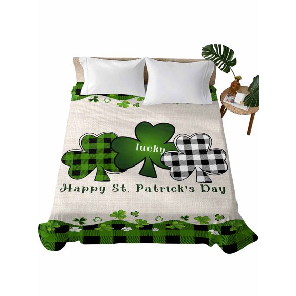 St. Patrick's Day Flat Sheets Only Full Size, Soft Breathable Bed Top Sheets for Mattress, Green and Black Checkered Lucky Luxury Bedding Flat Sheets for Home Hotel Bedroom Bed Protection