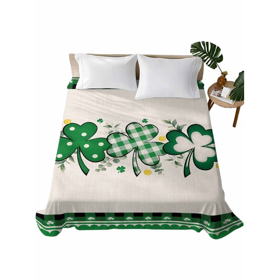St. Patrick's Day, Flat Sheets Only Queen Size, Soft Breathable Bed Top Sheets for Mattress, Green Shamrock Farmhouse Plaid Eucalyptus Luxury Bedding Flat Sheets for Home Hotel Bedroom Bed Protection