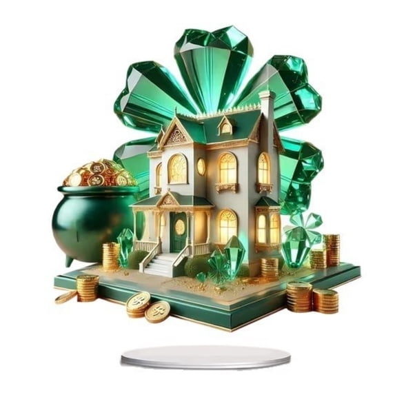 St. Patrick's Day Four-Leaf Acrylic House Ornament, 2D Flat Elegant Green Crystal Tabletop Decor for Home & Holiday Display