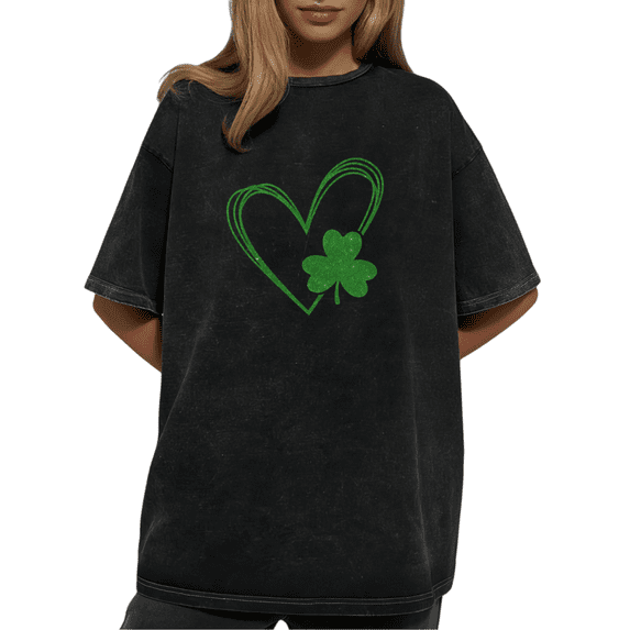 St. Patrick's Day Four Leaf Clover Washed Graphic Tees Unisex Black Green Print T shirt Festive Casual Outfit Tops