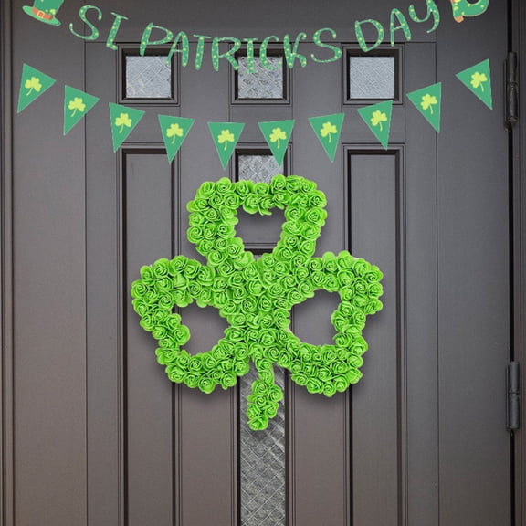 St. Patrick's Day Four Leaf Clover Wreath, Flower Hanging Decor - Irish Festival Patio Door Indoor Outdoor Decoration