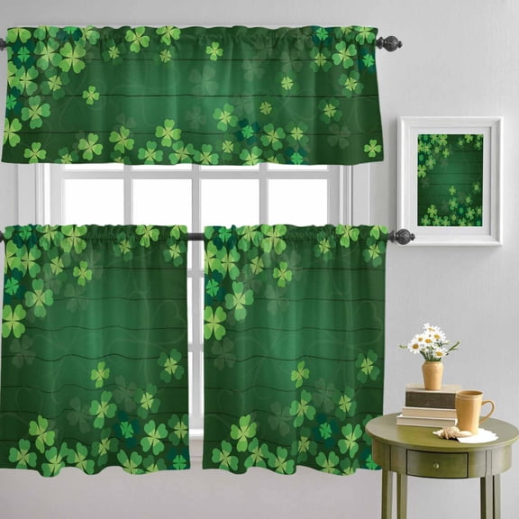 St. Patrick's Day Four-leaf Grass Curtain Tier and Valance Set 3 Piece, Farm Green Wood Board 3-inch Rod Pocket Window Tier Curtains Valance for Kitchen Living Room