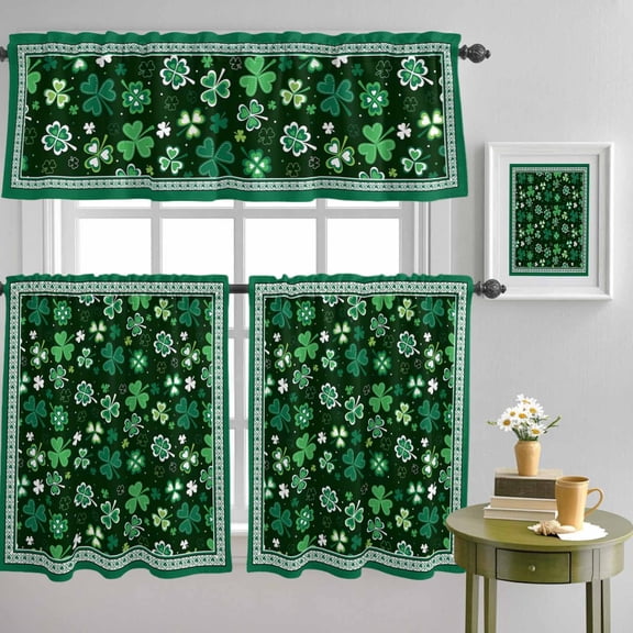 St. Patrick's Day Four-leaf Grass Curtain Tier and Valance Set 3 Piece, Watercolor Green Grasses 3-inch Rod Pocket Window Tier Curtains Valance for Kitchen Living Room