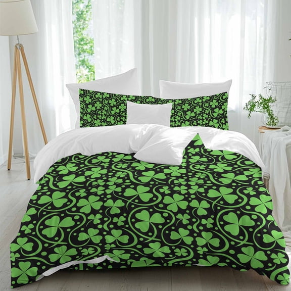 St. Patrick's Day Full Size Comforter Set, Modern Abstract Green Lucky Shamrocks Green Plant Bedding for All Seasons, 4 Pcs Bed Set, 1Quiltcover (86"x86") ,1Sheet(80"x116"), 2Pillowcases (30"x20")