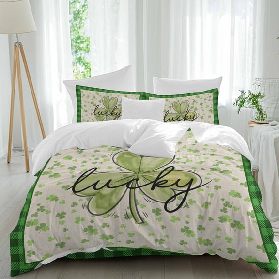 St. Patrick's Day Full Size Comforter Set, Vintage Watercolor Lucky Shamrock Ombre Green Plaid Bedding for All Seasons, 4 Pcs Bed Set, 1Quiltcover (86"x86") ,1Sheet(80"x116"), 2Pillowcases (30"x20")