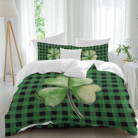 St. Patrick's Day Full Size Comforter Set, Watercolor Green Lucky Shamrock Green Buffalo Plaid Bedding for All Seasons, 4 Pcs Bed Set, 1Quiltcover (86"x86") ,1Sheet(80"x116"), 2Pillowcases (30"x20")