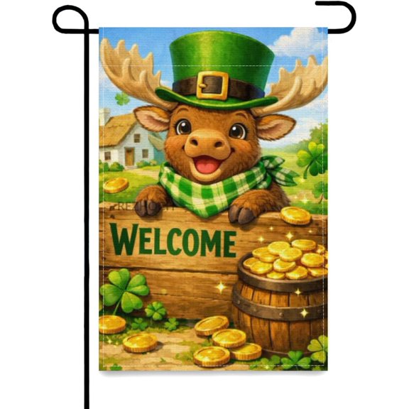 St.Patricks Day Fun Moose Garden Flag 12x18Inch,Lucky Irish Animal Welcome Yard Flag,Double Sided Green Clover Gold Coins Outdoor Spring Lawn Patio Farmhouse Decor