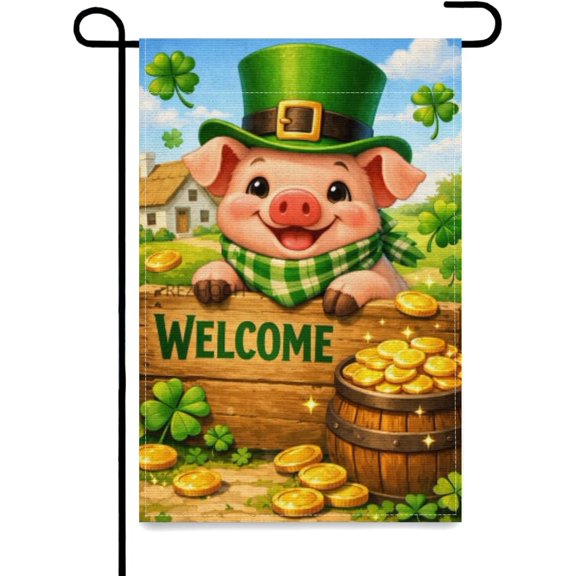 St.Patricks Day Fun Pig Garden Flag 12x18Inch,Lucky Irish Animal Welcome Yard Flag,Double Sided Green Clover Gold Coins Outdoor Spring Lawn Patio Farmhouse Decor